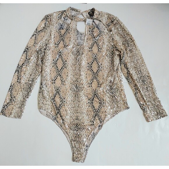 NWT Plus Ladies Rainbow Animal Print Foiled Cutout Taupe Bodysuit Size 2X - Picture 3 of 9